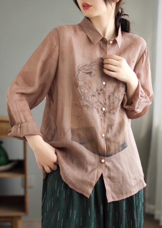 Skin Pink Print Ramie Shirts Long Sleeve LY5025 - fabuloryshop