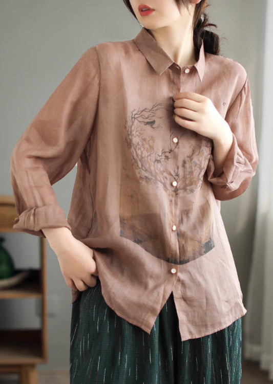 Skin Pink Print Ramie Shirts Long Sleeve LY5025 - fabuloryshop