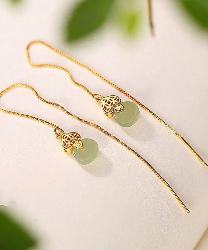 Skinny Gold Sterling Silver Overgild Inlaid Jade Gourd Drop Earrings Ada Fashion