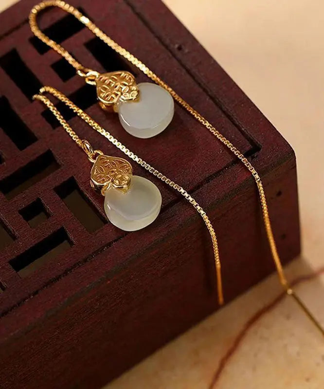 Skinny Gold Sterling Silver Overgild Inlaid Jade Gourd Drop Earrings Ada Fashion