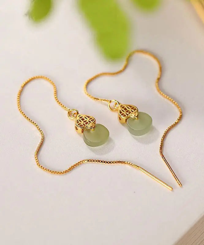 Skinny Gold Sterling Silver Overgild Inlaid Jade Gourd Drop Earrings Ada Fashion