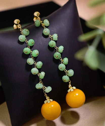 Skinny Green 14K Gold Jade Beeswax Drop Earrings LY2001 - fabuloryshop