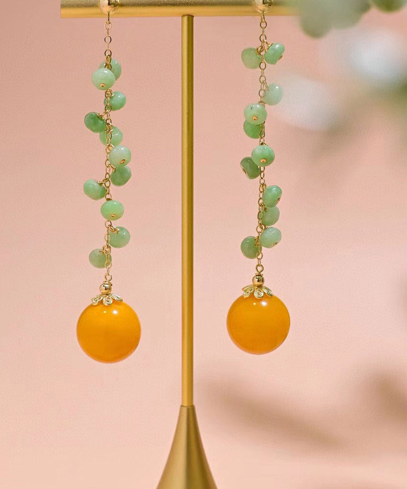 Skinny Green 14K Gold Jade Beeswax Drop Earrings LY2001 - fabuloryshop