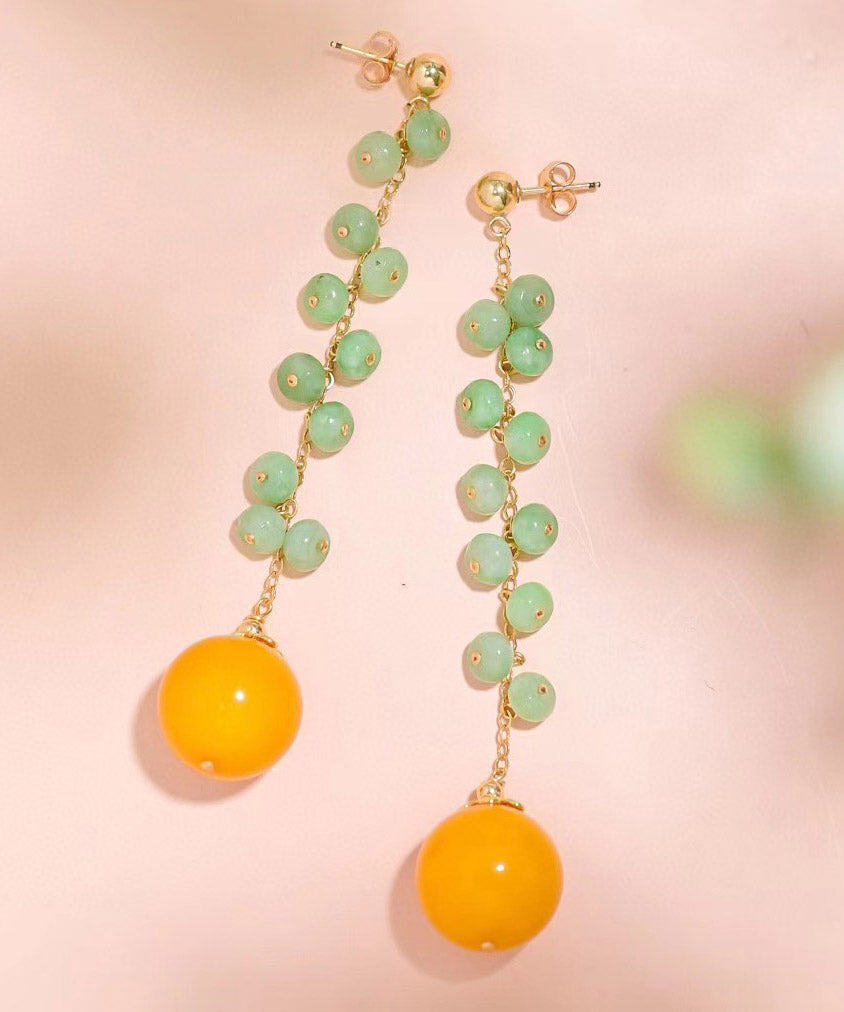 Skinny Green 14K Gold Jade Beeswax Drop Earrings LY2001 - fabuloryshop