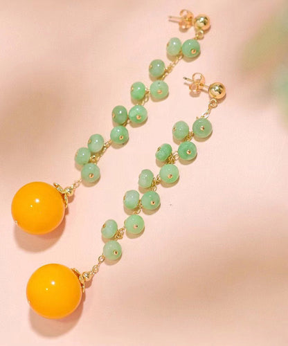 Skinny Green 14K Gold Jade Beeswax Drop Earrings LY2001 - fabuloryshop