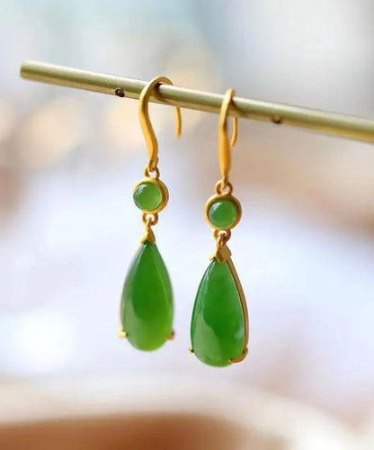 Skinny Green Sterling Silver Inlaid Jade Drop Earrings Ada Fashion