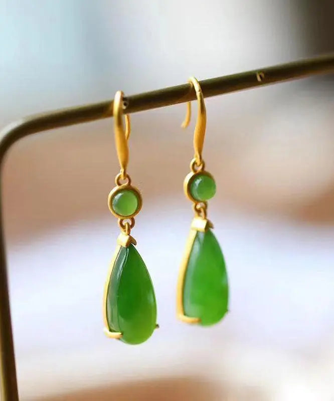 Skinny Green Sterling Silver Inlaid Jade Drop Earrings Ada Fashion