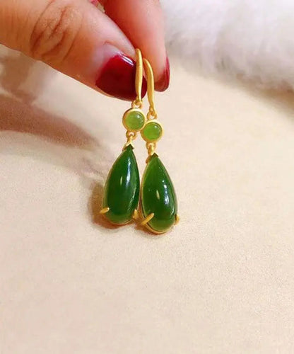 Skinny Green Sterling Silver Inlaid Jade Drop Earrings Ada Fashion