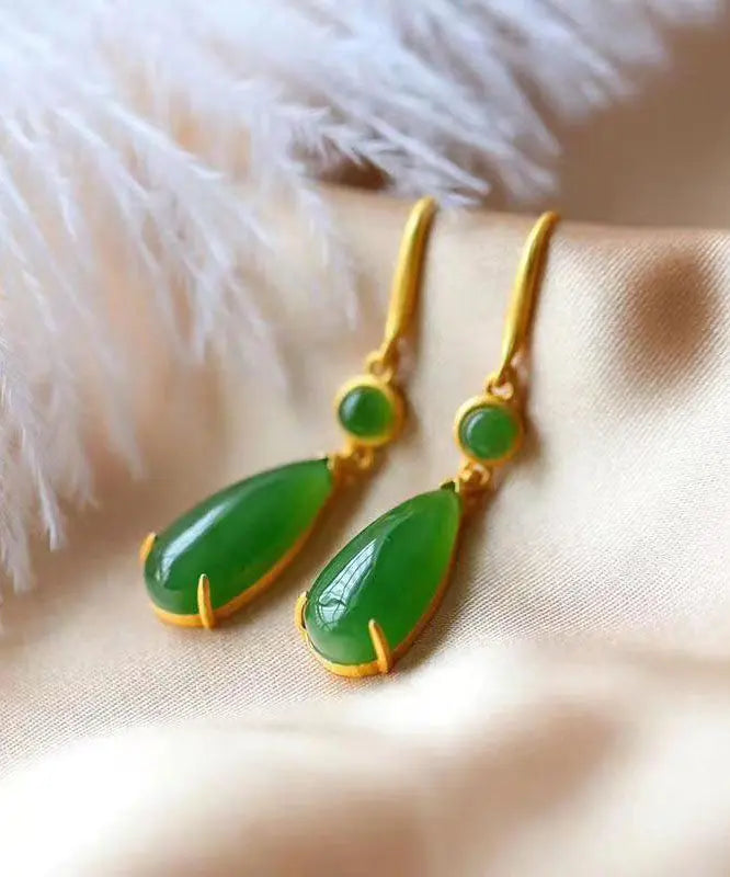 Skinny Green Sterling Silver Inlaid Jade Drop Earrings Ada Fashion