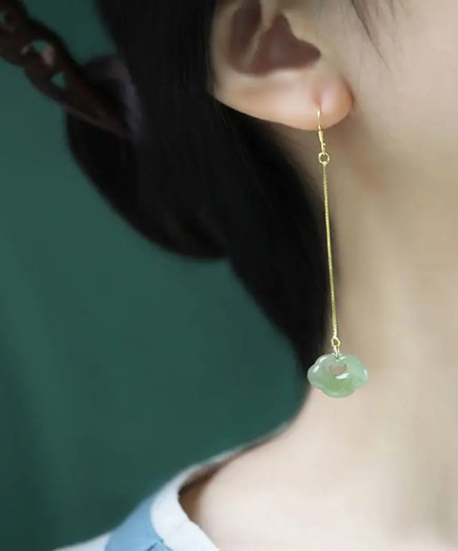 Skinny Green Sterling Silver Overgild Jade Drop Earrings Ada Fashion