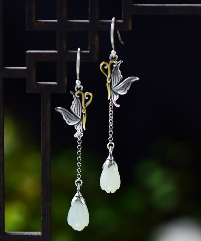 Skinny Light Green Sterling Silver Jade Butterfly Lotus Drop  Earrings LY2316 - fabuloryshop