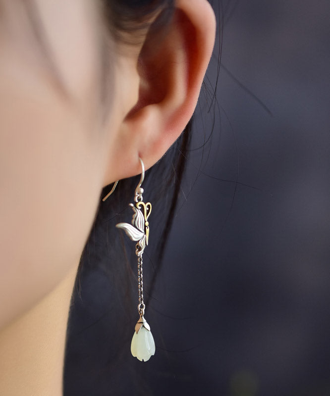 Skinny Light Green Sterling Silver Jade Butterfly Lotus Drop  Earrings LY2316 - fabuloryshop