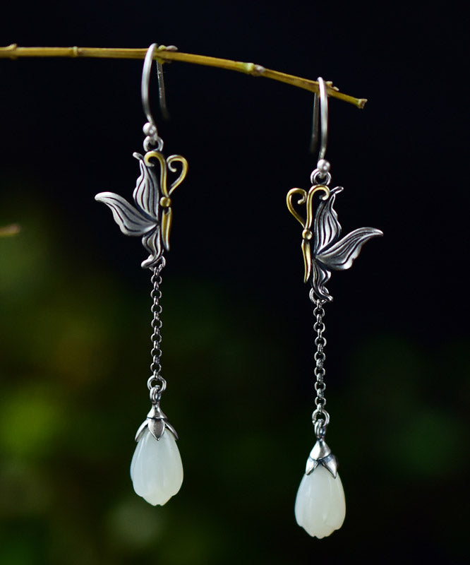 Skinny Light Green Sterling Silver Jade Butterfly Lotus Drop  Earrings LY2316 - fabuloryshop