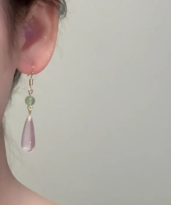 Skinny Pink Sterling Silver Drip Chalcedony Jade Drop Earrings TW1031