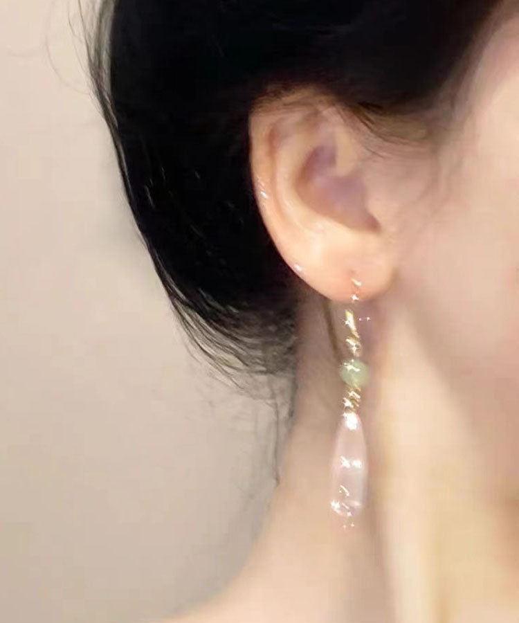Skinny Pink Sterling Silver Drip Chalcedony Jade Drop Earrings TW1031 - fabuloryshop
