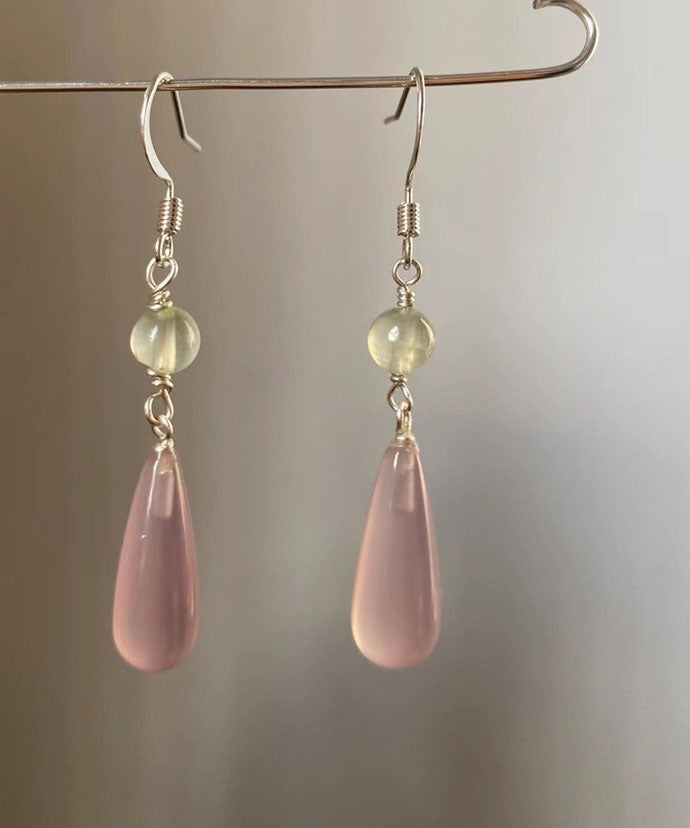 Skinny Pink Sterling Silver Drip Chalcedony Jade Drop Earrings TW1031 - fabuloryshop