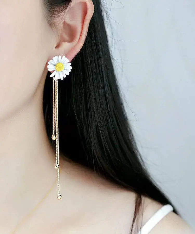 Skinny White Overgild Little Daisy Drop Earrings Ada Fashion