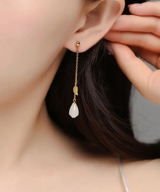 Skinny White Sterling Silver Overgild Jade Leaf Tassel Drop Earrings Ada Fashion