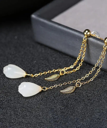 Skinny White Sterling Silver Overgild Jade Leaf Tassel Drop Earrings Ada Fashion