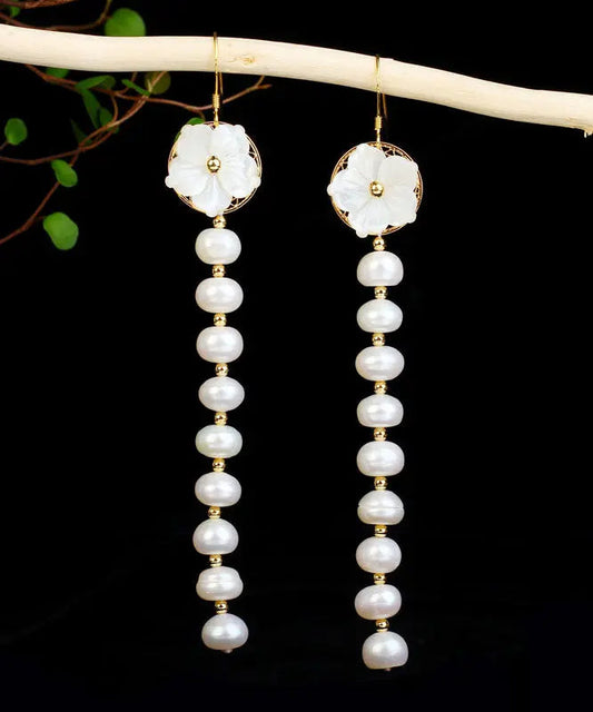 Skinny White Sterling Silver Overgild Pearl Shell Flower Tassel Drop Earrings Ada Fashion