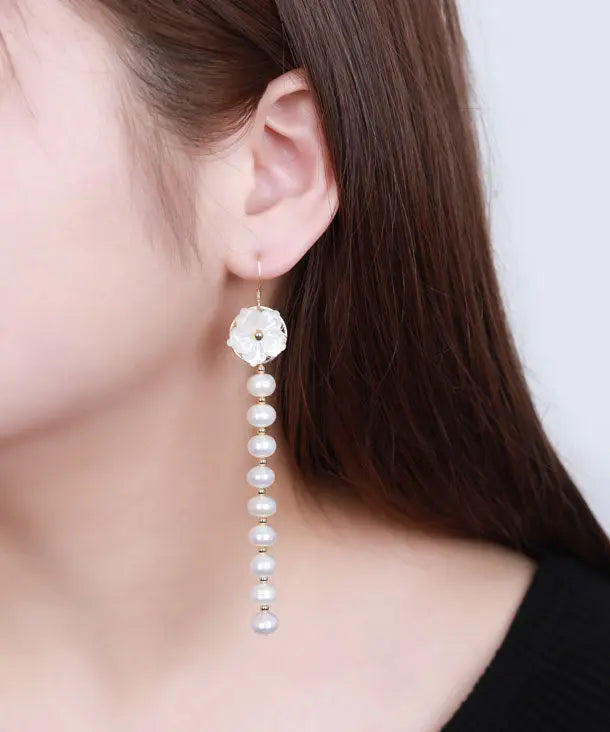 Skinny White Sterling Silver Overgild Pearl Shell Flower Tassel Drop Earrings Ada Fashion