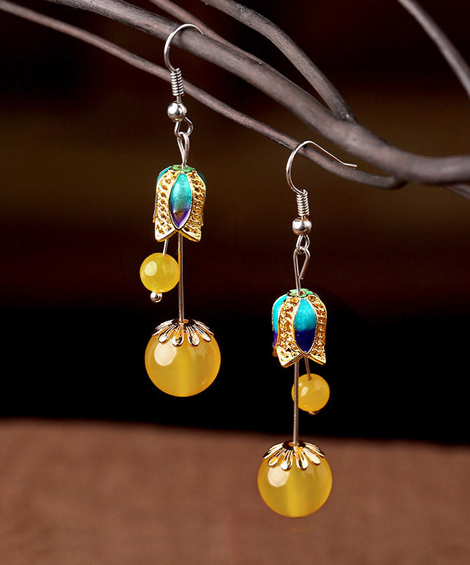 Skinny Yellow Jade Cloisonne Floral Drop Earrings LY2304 - fabuloryshop