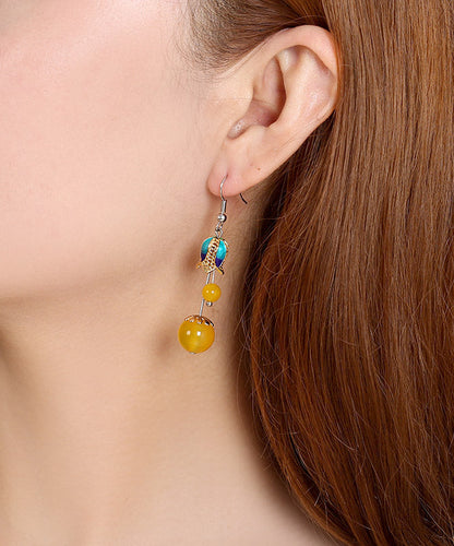 Skinny Yellow Jade Cloisonne Floral Drop Earrings LY2304 - fabuloryshop