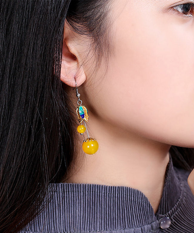 Skinny Yellow Jade Cloisonne Floral Drop Earrings LY2304 - fabuloryshop