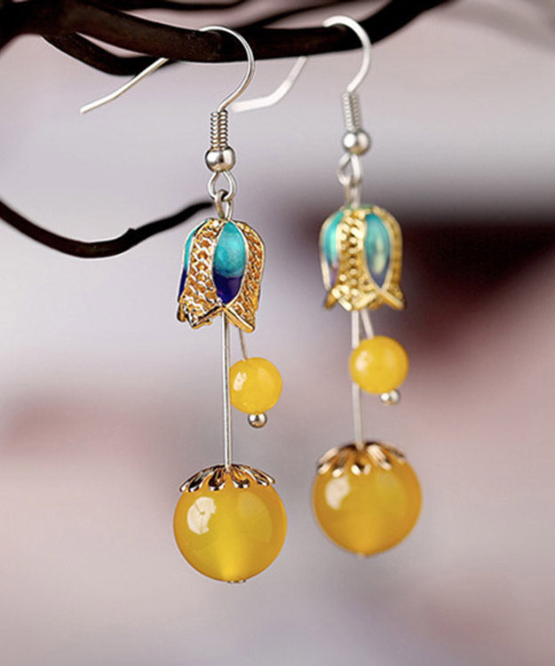 Skinny Yellow Jade Cloisonne Floral Drop Earrings LY2304 - fabuloryshop