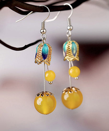 Skinny Yellow Jade Cloisonne Floral Drop Earrings LY2304 - fabuloryshop