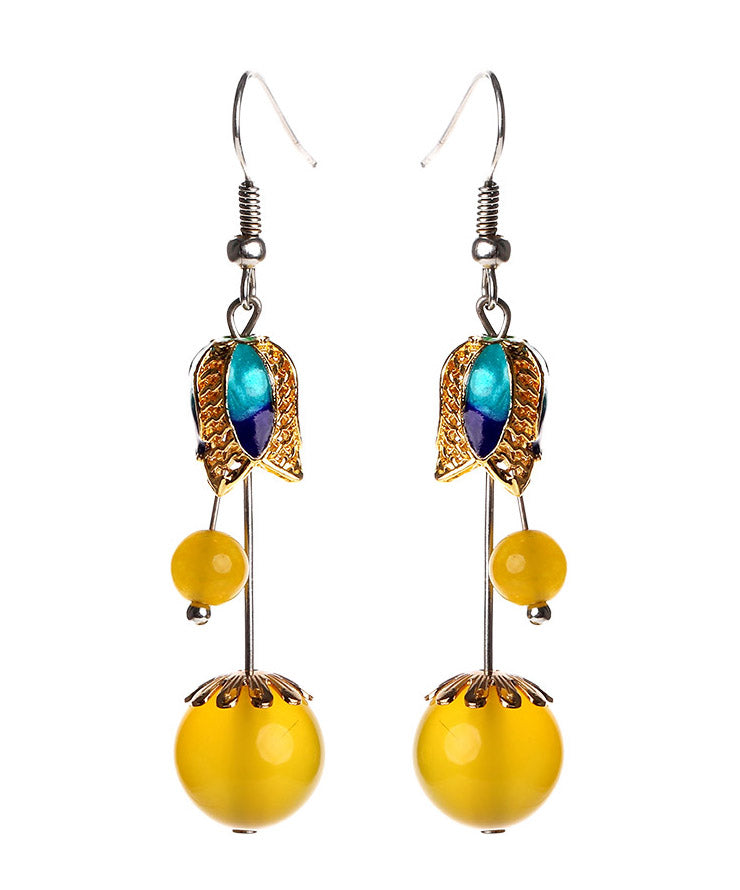 Skinny Yellow Jade Cloisonne Floral Drop Earrings LY2304 - fabuloryshop