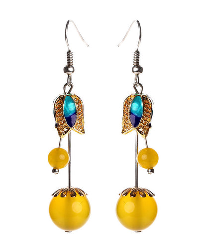 Skinny Yellow Jade Cloisonne Floral Drop Earrings LY2304 - fabuloryshop