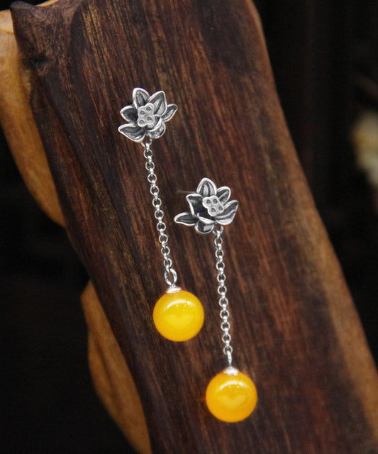 Skinny Yellow Sterling Silver Chalcedony Lotus Drop Earrings LY2315