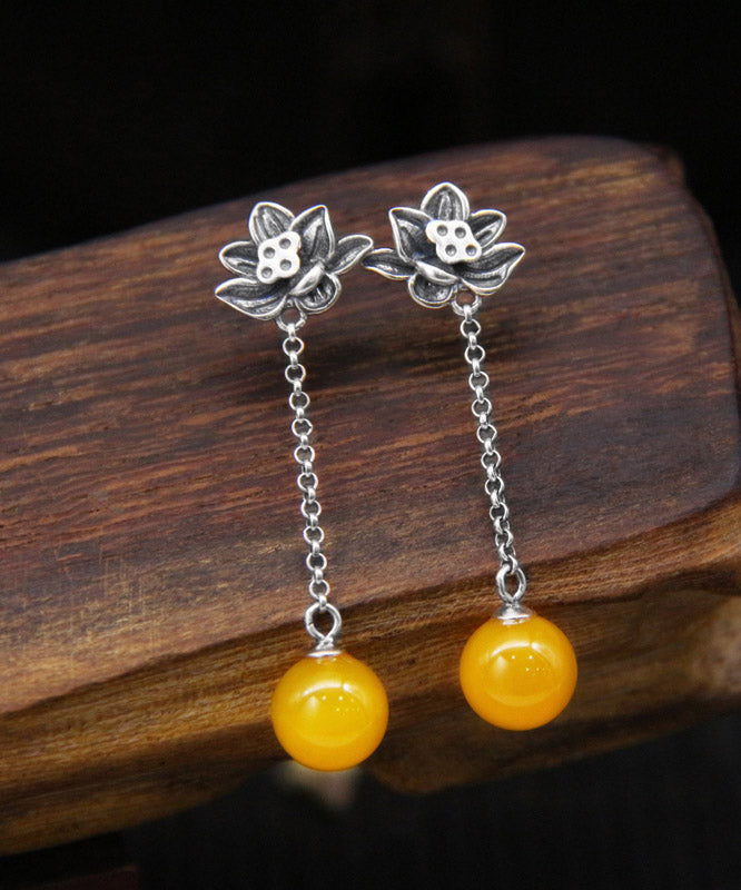 Skinny Yellow Sterling Silver Chalcedony Lotus Drop Earrings LY2315 - fabuloryshop