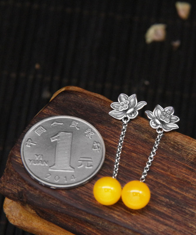 Skinny Yellow Sterling Silver Chalcedony Lotus Drop Earrings LY2315 - fabuloryshop