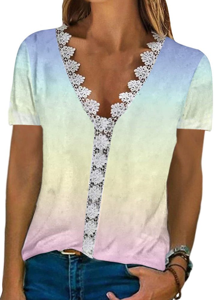 Sleeve Comfortable Casual Lace V-Neck Print T Shirt Women White LY1947 - fabuloryshop