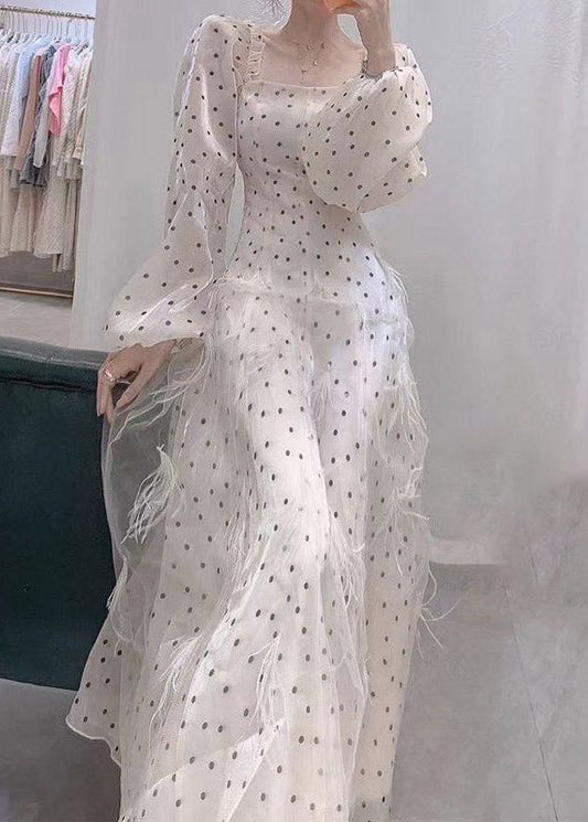 Slim Fit Beige Square Collar Dot Tulle Long Dresses Spring TI1006 - fabuloryshop