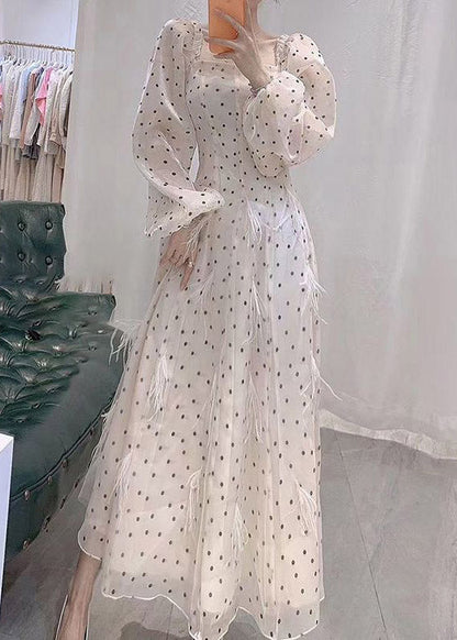 Slim Fit Beige Square Collar Dot Tulle Long Dresses Spring TI1006 - fabuloryshop