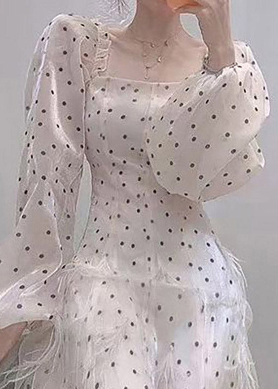 Slim Fit Beige Square Collar Dot Tulle Long Dresses Spring TI1006