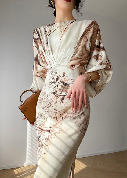 Slim Fit Beige Wrinkled Print Silk Long Dresses Lantern Sleeve LC0487 - fabuloryshop