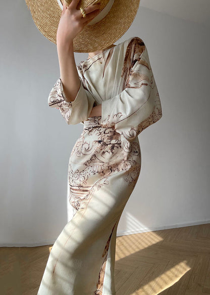 Slim Fit Beige Wrinkled Print Silk Long Dresses Lantern Sleeve LC0487 - fabuloryshop