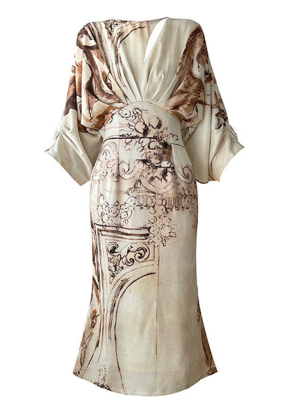 Slim Fit Beige Wrinkled Print Silk Long Dresses Lantern Sleeve LC0487 - fabuloryshop