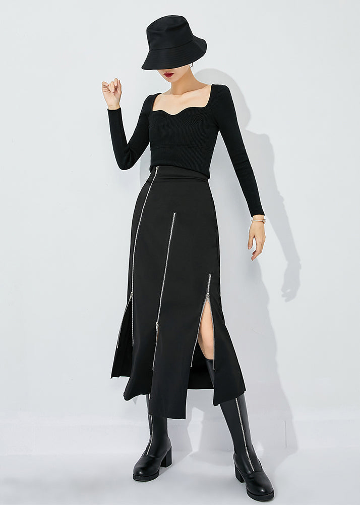 Slim Fit Black High Waist Zippered Side Open A Line Skirt Summer LY0818 - fabuloryshop