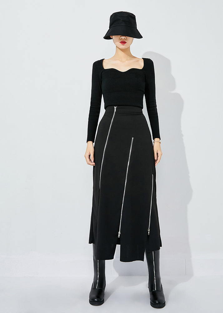 Slim Fit Black High Waist Zippered Side Open A Line Skirt Summer LY0818 - fabuloryshop