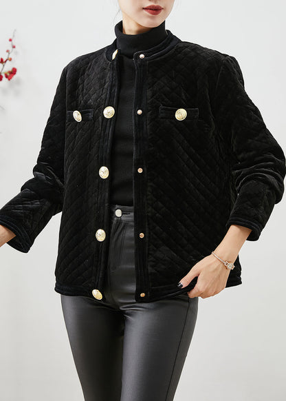 Slim Fit Black Metal Buttons Silk Velour Fine Cotton Filled Jacket Winter Ada Fashion