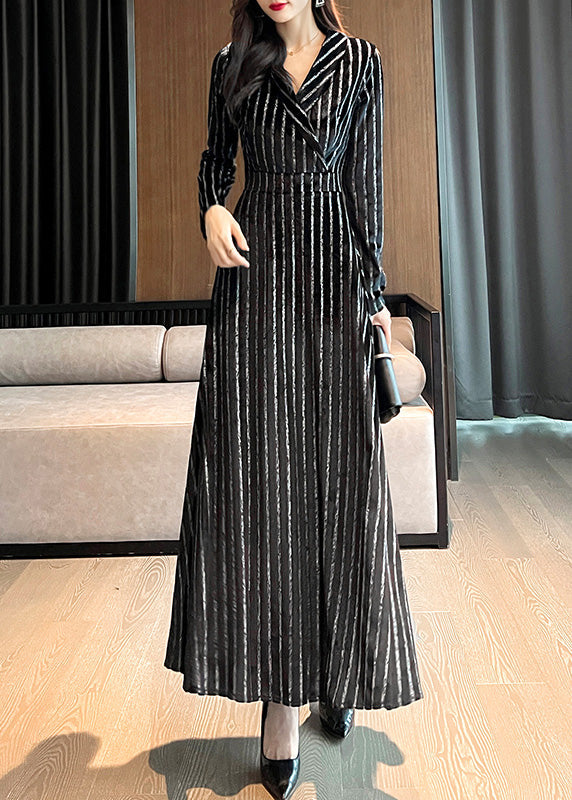 Slim Fit Black Notched Striped Maxi Dresses Long Sleeve LY1717 - fabuloryshop