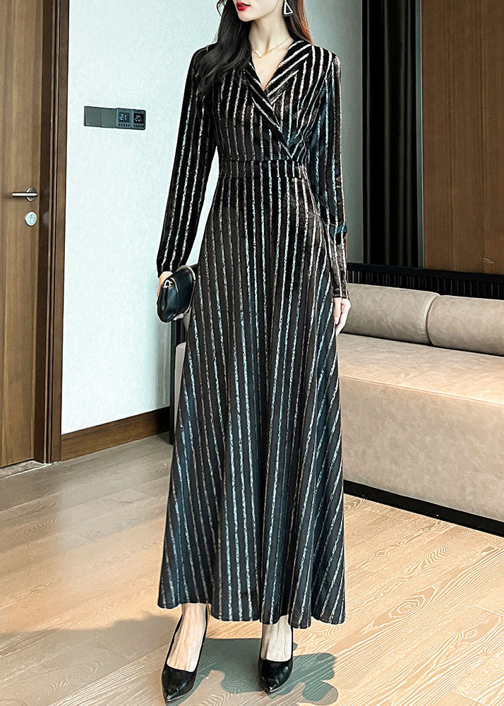 Slim Fit Black Notched Striped Maxi Dresses Long Sleeve LY1717 - fabuloryshop