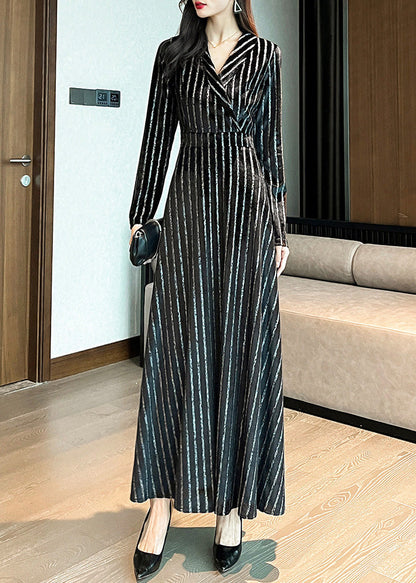 Slim Fit Black Notched Striped Maxi Dresses Long Sleeve LY1717 - fabuloryshop