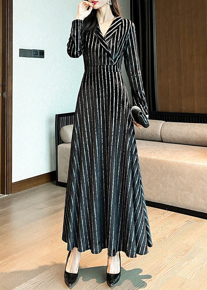 Slim Fit Black Notched Striped Maxi Dresses Long Sleeve LY1717 - fabuloryshop