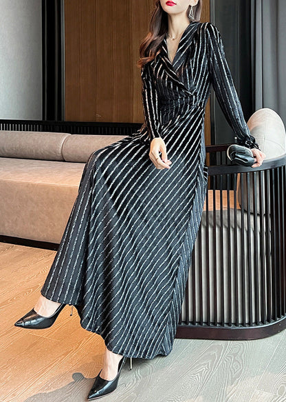 Slim Fit Black Notched Striped Maxi Dresses Long Sleeve LY1717 - fabuloryshop